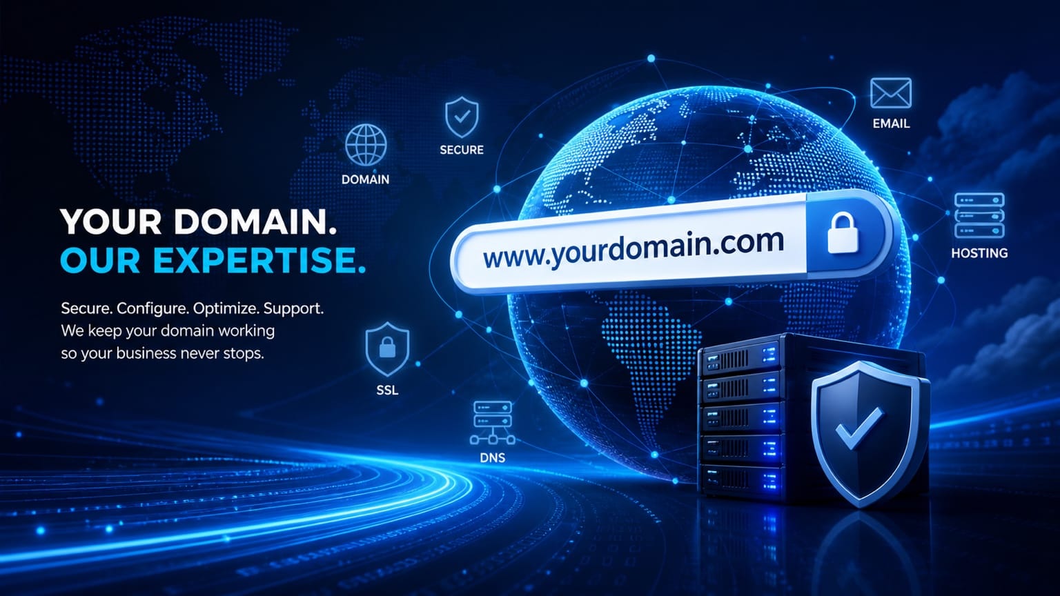 Rise Local domain support showing domain, email, SSL, DNS, hosting, and security protection
