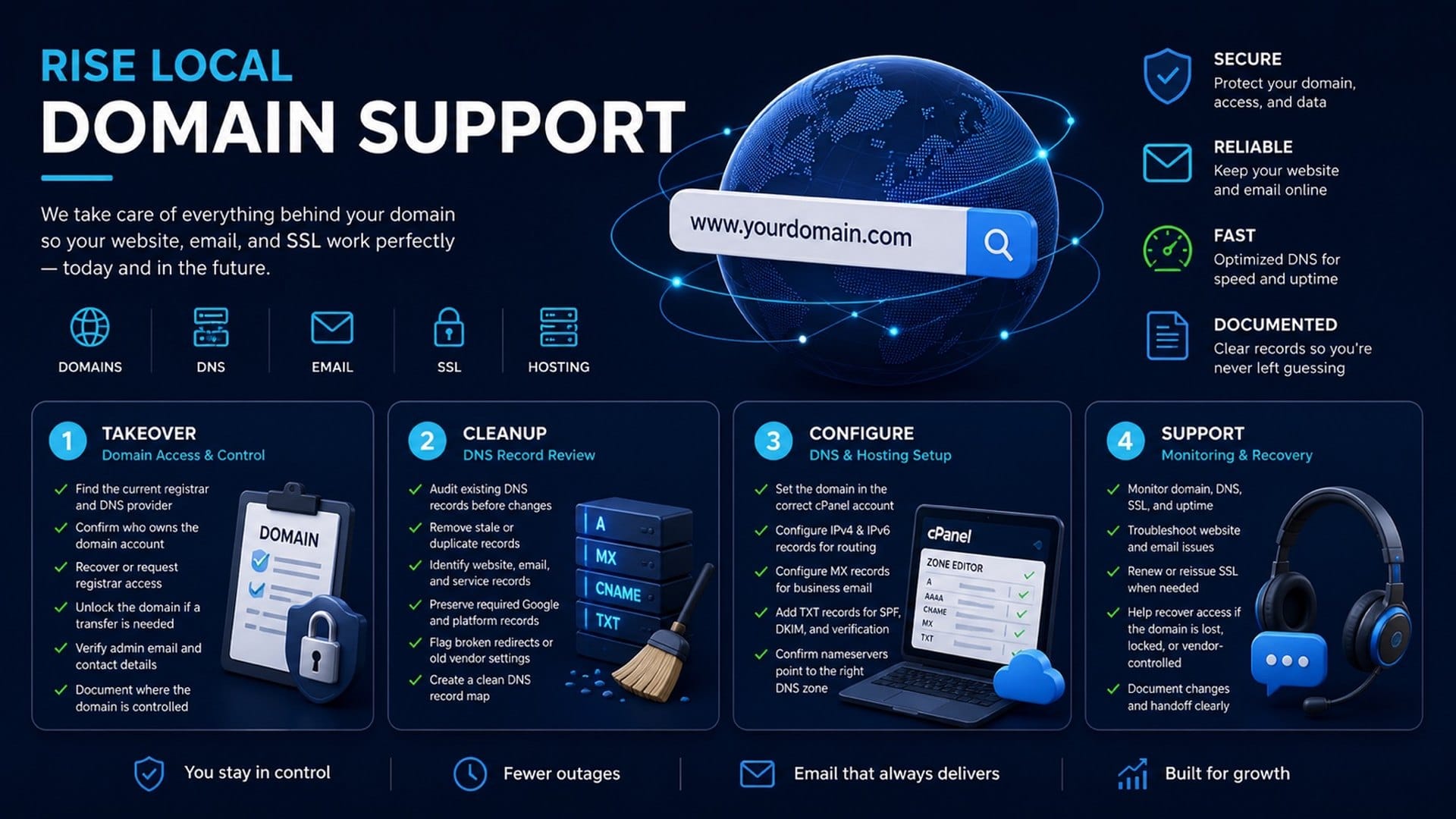 Rise Local Opstar Domain Support helps businesses manage domain access, DNS cleanup, email, SSL, hosting, and recovery